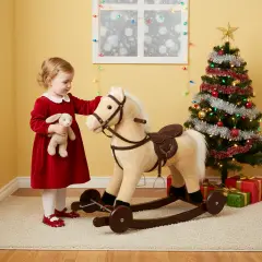 Cavallo a Dondolo Beige con Ruote, Peluche Cavalcabile, Nitrisce e Muove la Bocca - Primi movimenti