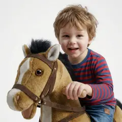 Cavallo a Dondolo Grande Marrone Chiaro, Peluche Cavalcabile con Ruote, Nitrisce e Muove la Bocca - Primi movimenti