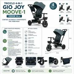 Triciclo 4-in-1 GioJoy Moove-1 Verde Blu – Comfort, Sicurezza e Divertimento per i Primi Passi - Tricicli e primi passi