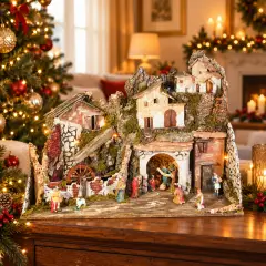 Presepe Completo 76x40x54 cm con Mulino, 13 Statuine e 20 Luci - presepi