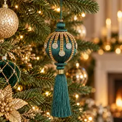 Sfera Natalizia Fringe Verde Scuro con Nappa Ø80 Cm - addobbi albero