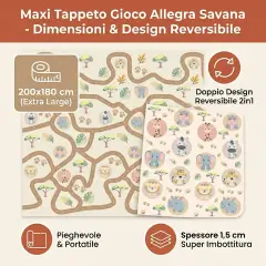 Maxi Tappeto Gioco Pieghevole Primi Passi cm 200x180, Alto Spessore 15mm, Allegra Savana - Primi giochi