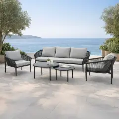 Salotto da Giardino Santa Cruz in Alluminio e Corda, Set Lounge 5 Pezzi con Tavolini Effetto Pietra - aperitivi e cocktail