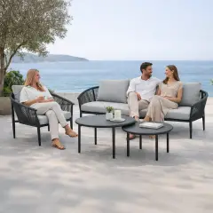 Salotto da Giardino Santa Cruz in Alluminio e Corda, Set Lounge 5 Pezzi con Tavolini Effetto Pietra - aperitivi e cocktail