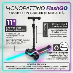 Monopattino 3 Ruote Regolabile e Pieghevole FlashGo con Luci LED per Bambini 3-5 Anni, Nero - monopattini