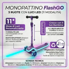 Monopattino 3 Ruote Regolabile e Pieghevole FlashGo con Luci LED per Bambini 3-5 Anni, Viola - monopattini
