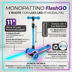 Monopattino 3 Ruote Regolabile e Pieghevole FlashGo con Luci LED per Bambini 3-5 Anni, Celeste - monopattini