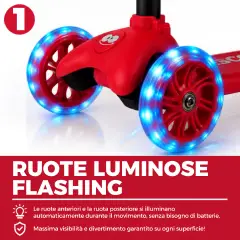Monopattino 3 Ruote Regolabile e Pieghevole BabyScoot con Ruote LED, Rosso - monopattini