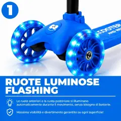 Monopattino 3 Ruote Regolabile e Pieghevole BabyScoot con Ruote LED per Bambini 3-5 Anni, Celeste - monopattini