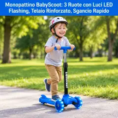Monopattino 3 Ruote Regolabile e Pieghevole BabyScoot con Ruote LED per Bambini 3-5 Anni, Celeste - monopattini