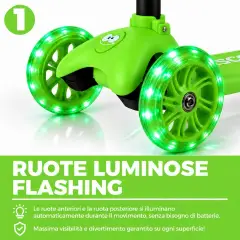 Monopattino 3 Ruote Regolabile e Pieghevole BabyScoot con Ruote LED per Bambini 3-5 Anni, Verde - monopattini