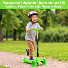 Monopattino 3 Ruote Regolabile e Pieghevole BabyScoot con Ruote LED per Bambini 3-5 Anni, Verde - monopattini