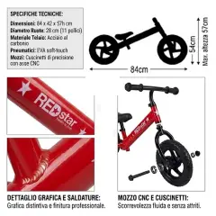 Bicicletta Senza Pedali Red Star: Balance Bike Acciaio con Sella e Manubrio Regolabili, Ruote 28 cm - Tricicli e primi passi