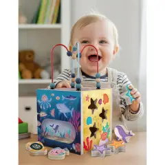Montessori Cubo Sensoriale In Legno Tema Oceano - Primi giochi