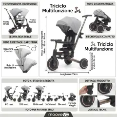 Triciclo Pieghevole Evolutivo 6-in-1 MoovEvo per Bambini dai 6 Mesi, Tessuto Grigio - Tricicli e primi passi