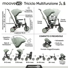 Triciclo Pieghevole Evolutivo 6-in-1 MoovEvo per Bambini dai 6 Mesi, Tessuto Verde - Tricicli e primi passi