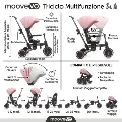 Triciclo Pieghevole Evolutivo 6-in-1 MoovEvo per Bambini dai 6 Mesi, Tessuto Rosa - Tricicli e primi passi