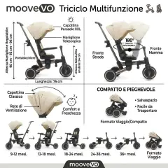 Triciclo Pieghevole Evolutivo 6-in-1 MoovEvo per Bambini dai 6 Mesi, Tessuto Crema - Tricicli e primi passi