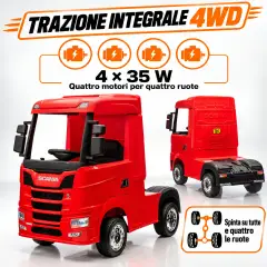 Camion Scania R Series 24V Elettrico - 4 Motori, Doppia Batteria al Litio e Telecomando - Rosso - auto