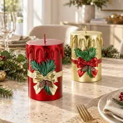 Candela Decorata Natalizia 7x7x11,5 cm Rosso e Oro Assortita - addobbi casa