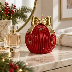Natale Candela Sfera Rossa Decorata con Fiocco Oro e Stelle 11x11x13,5 cm - addobbi casa