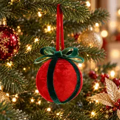 Sfera Natalizia Ertemios Rossa e Verde Ø 10 cm Effetto Velluto - addobbi albero