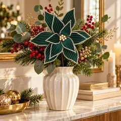 Poinsettia Natalizia Ellide Verde Scuro Effetto Velluto 45 cm - fiori e ghirlande