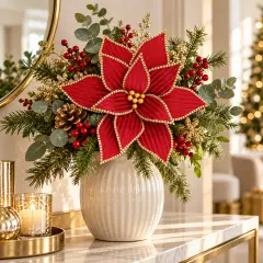 Poinsettia Natalizia Ellide Rossa Effetto Velluto 45 cm - fiori e ghirlande