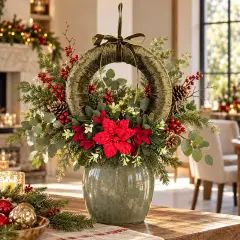 Corona Natalizia Ingrid Verde L con Pigne Bacche e Fiore Decorativo - fiori e ghirlande