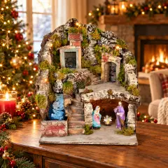 Presepe Illuminato con Luci e Cascata Funzionante Natività H10 cm - presepi