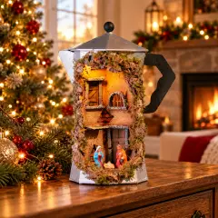 Moka con Presepe Illuminato e Natività LED 14x14x30 cm - Rossi Rosa - presepi