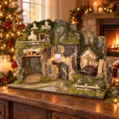 Presepe Illuminato con Mulino ad Acqua Luci LED e Pompa 60x34x44 cm - presepi