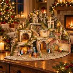 Grande Presepe Illuminato con Cascata Forno Mulino a Vento 108x74x75 cm - presepi